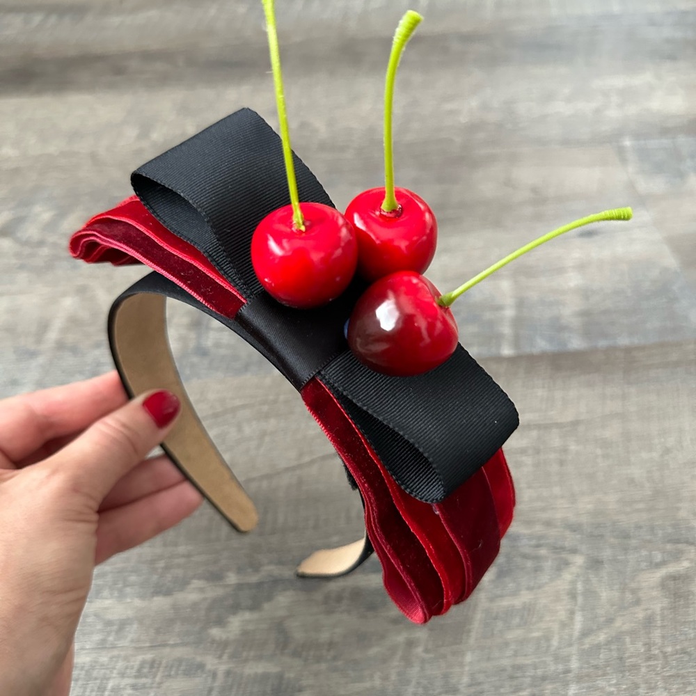 Handmade Designer Fascinator Headband Cherries Red Black Velvet Bow